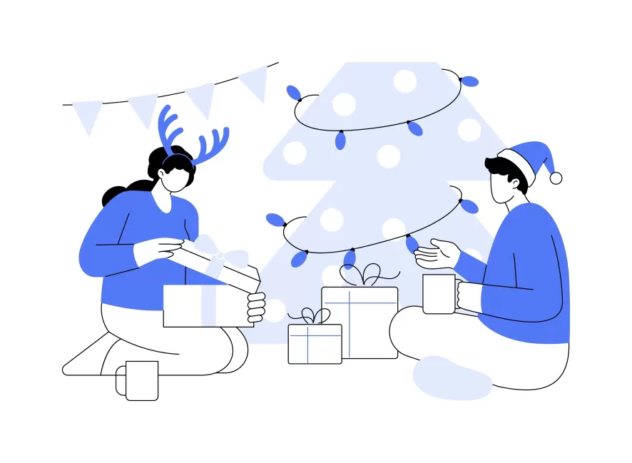 Egy pár nagy örömmel kibontja a karácsonyi ajándékokat a fa alatt. 