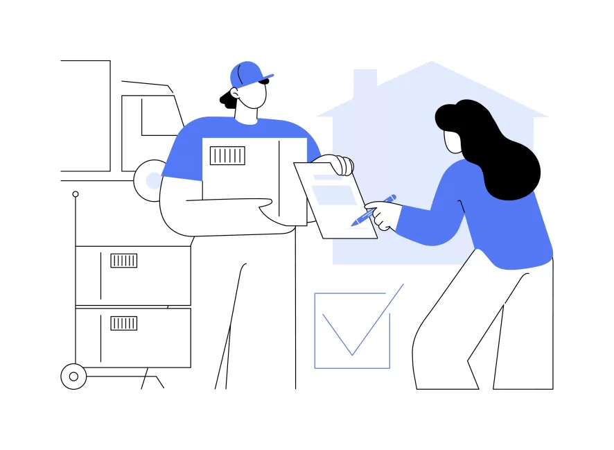 A futár kézbesíti a postai csomagot. A megrendelő áláírja, hogy átvette a csomagot. 