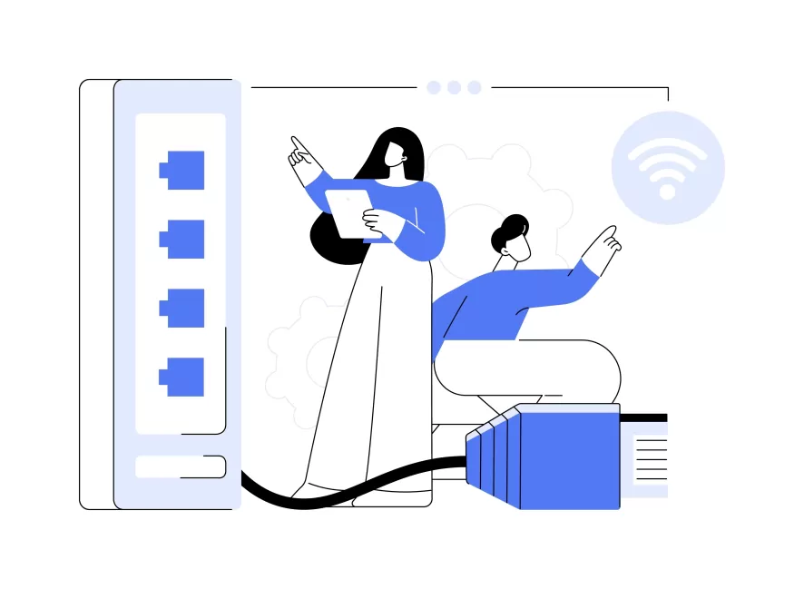 Egy házaspár épp az otthoni internet hibaelhárításon dolgozik. Épp a routert és kábeleket vizsgálják.