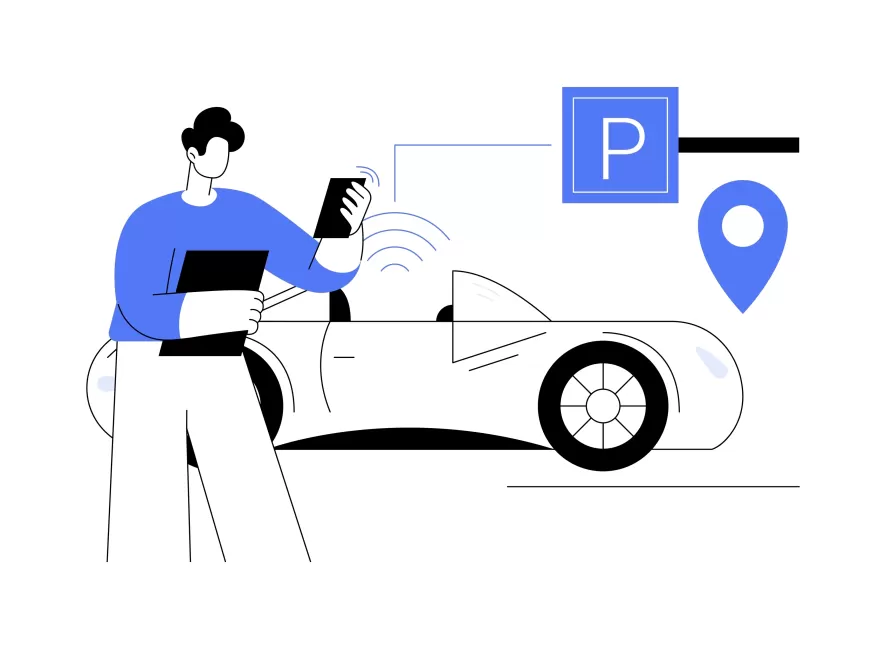 Egy férfi épp leparkolt és elindítja az online parkolást a mobiltelefonján az applikációban.