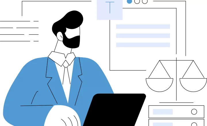 Egy laptop ülő férfi, mögötte egy mérleg szimbólum, ami a tudatos és biztonságos online vásárlásra utal.