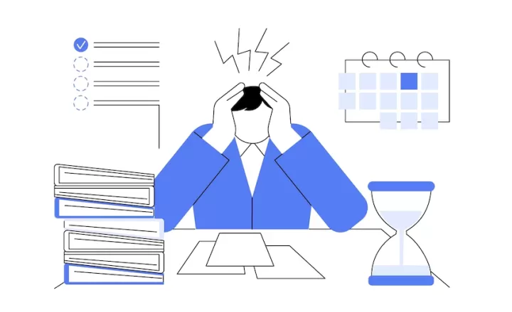 Férfi ül az íróasztalnál, kezét a fejére szorítva, arckifejezése a hűségidő előtti felmondás miatt fizetendő kötbér okozta stresszt tükrözi. 