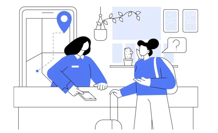 Utazó szálláshely panasszal a recepció előtt – szállás reklamáció személyesen