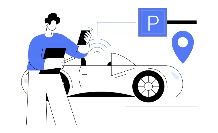 Egy férfi épp leparkolt és elindítja az online parkolást a mobiltelefonján az applikációban.